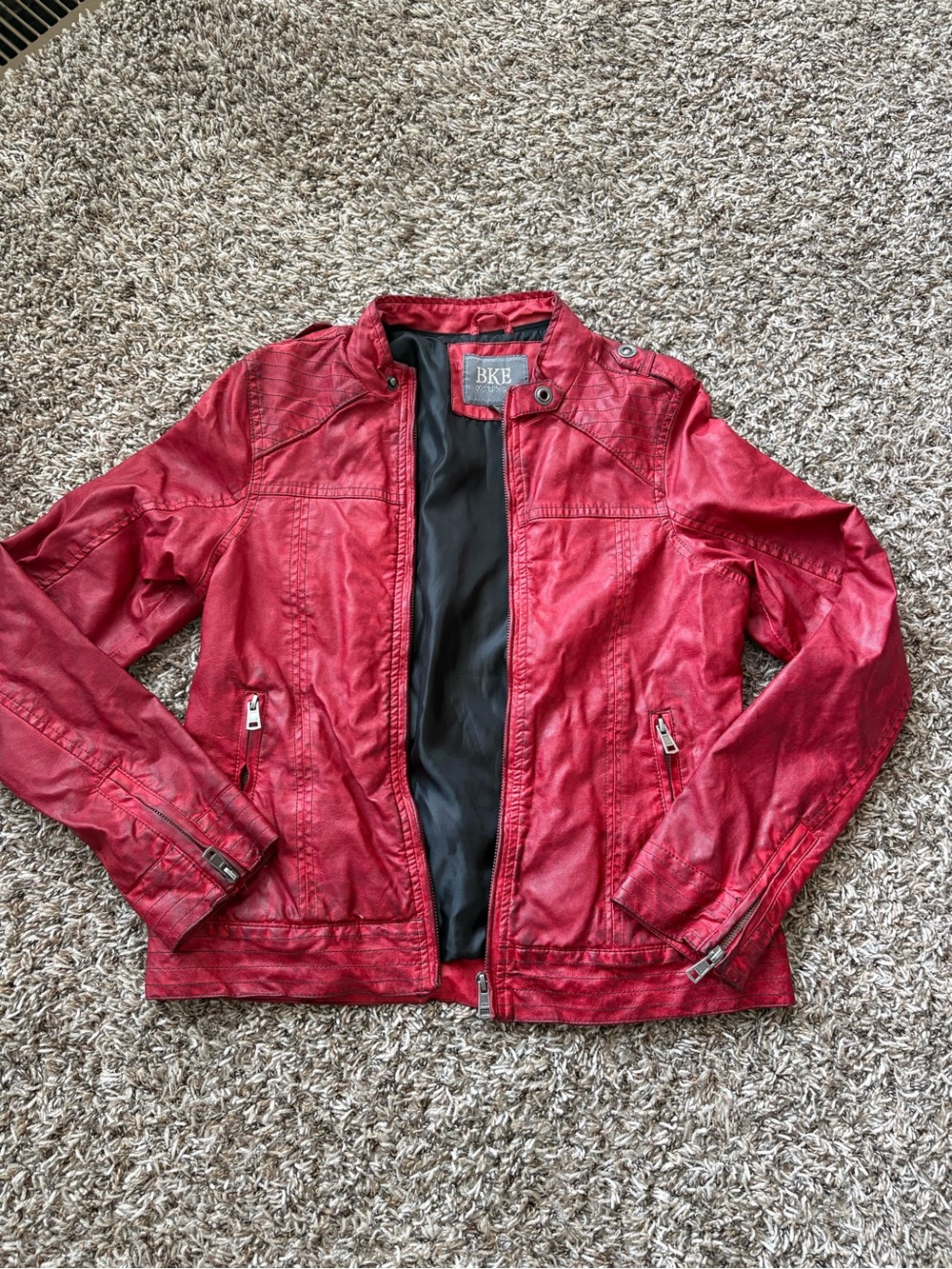 BKE Red Faux Leather Moto Jacket